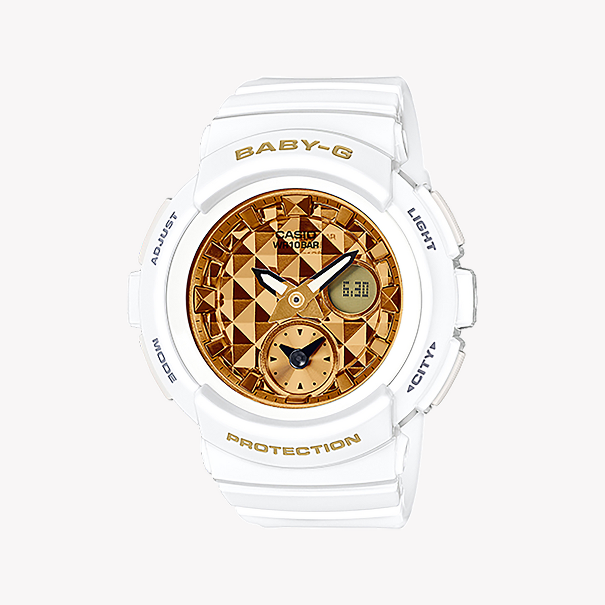 BGA-195M-7ADR BABY-G: CHIC SPIRIT - WATER-RESISTANT Women's Watch with Gold Dial & White Band