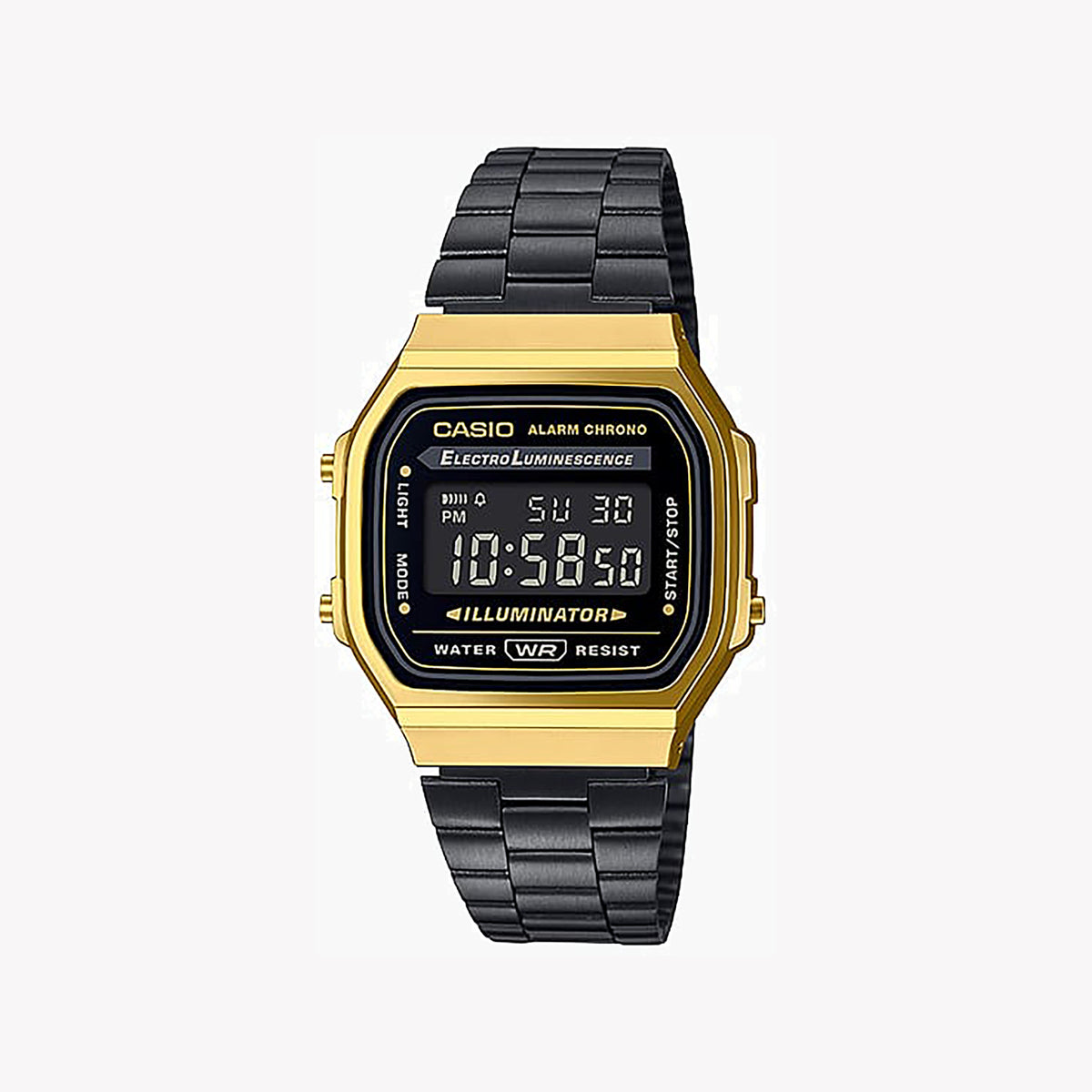 CASIO A168WEGB-1B GOLD EDGE - SPORTY DIGITAL TIMEPIECE Unisex Watch with black stainless steel band and striking gold case