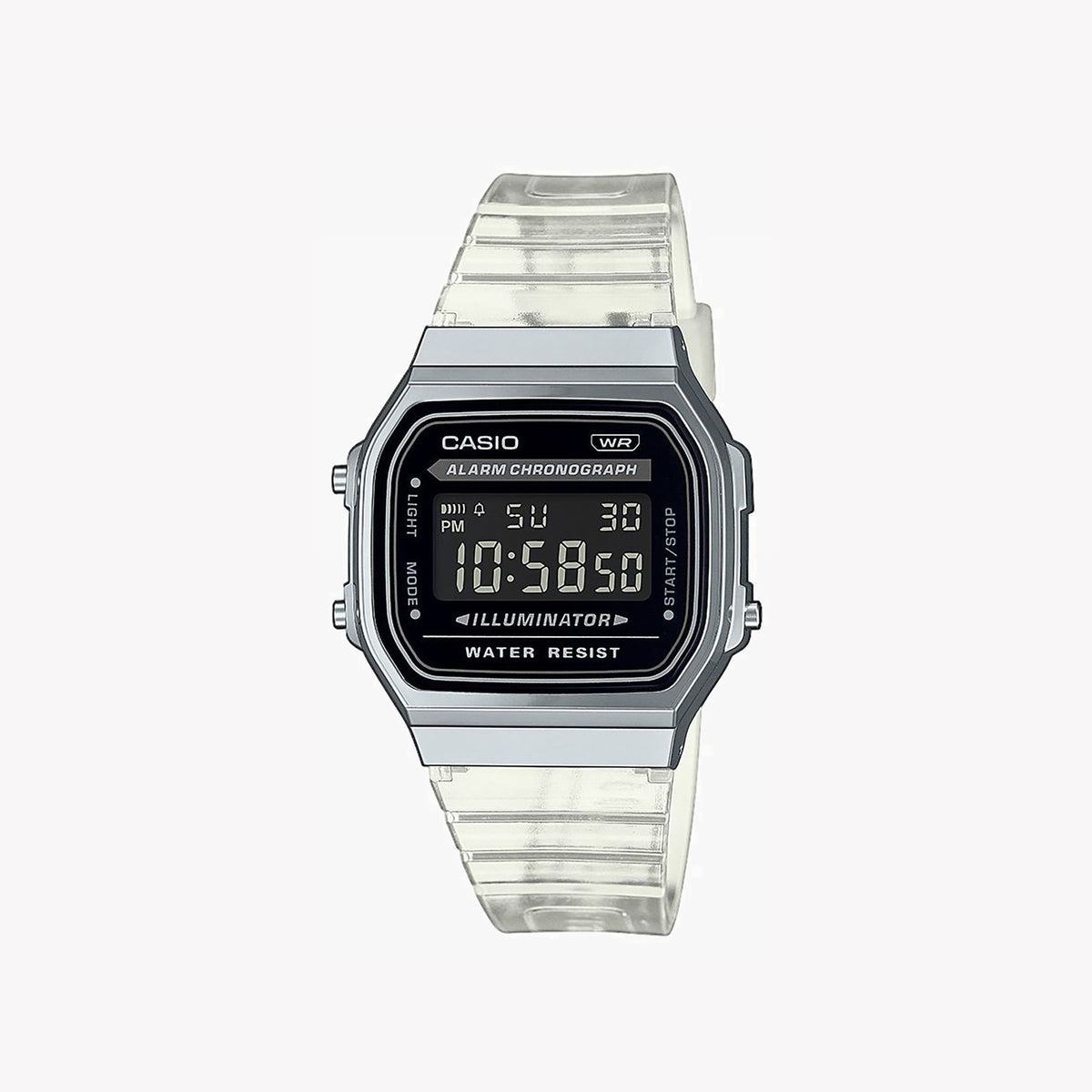 CASIO A168XES-1BEF BOLD UTILITY - SLEEK SILVER DIGITAL WATCH WITH TRANSPARENT BAND & ALARM