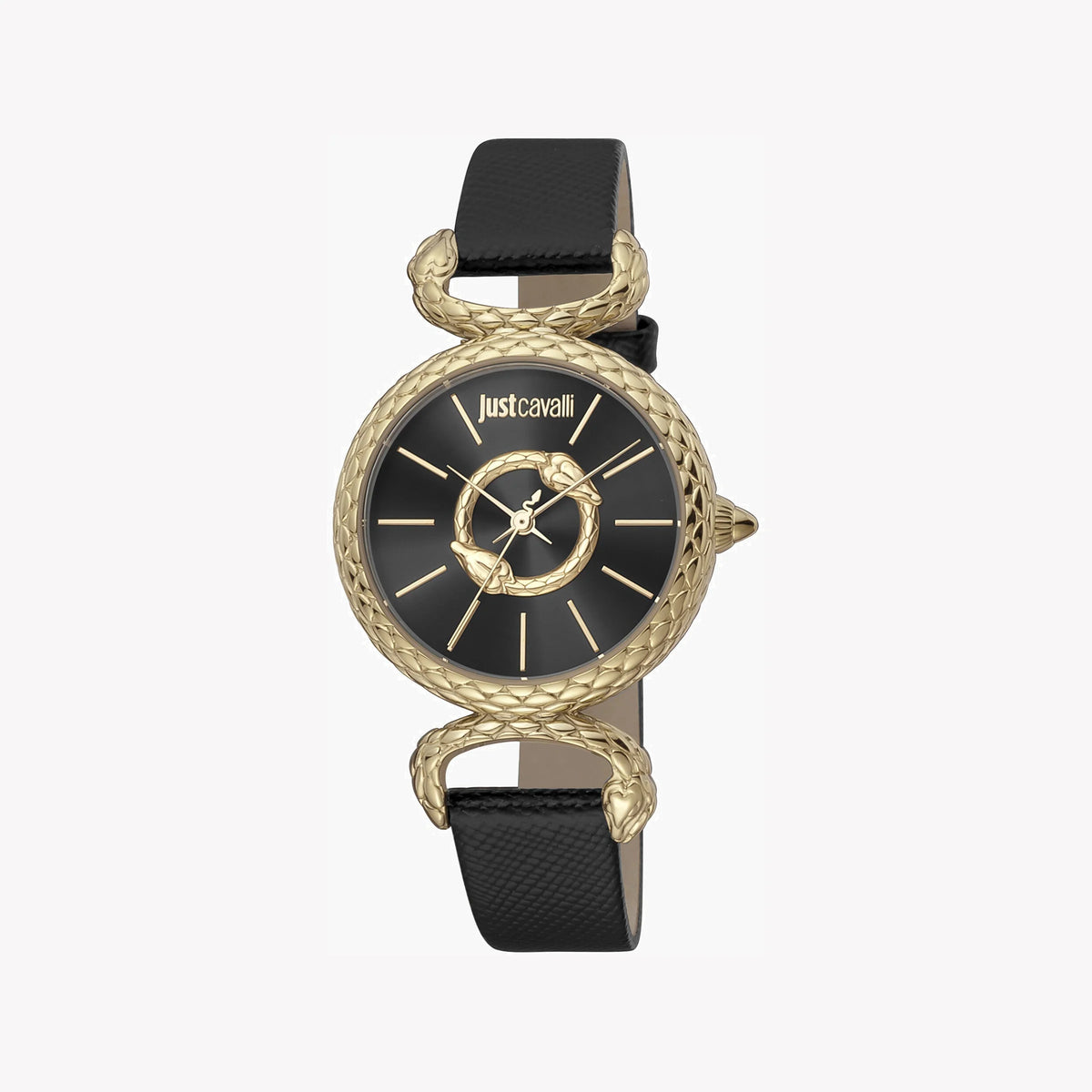 JUST CAVALLI Women's Watch with Gold Stainless Steel Case and Black Leather Band