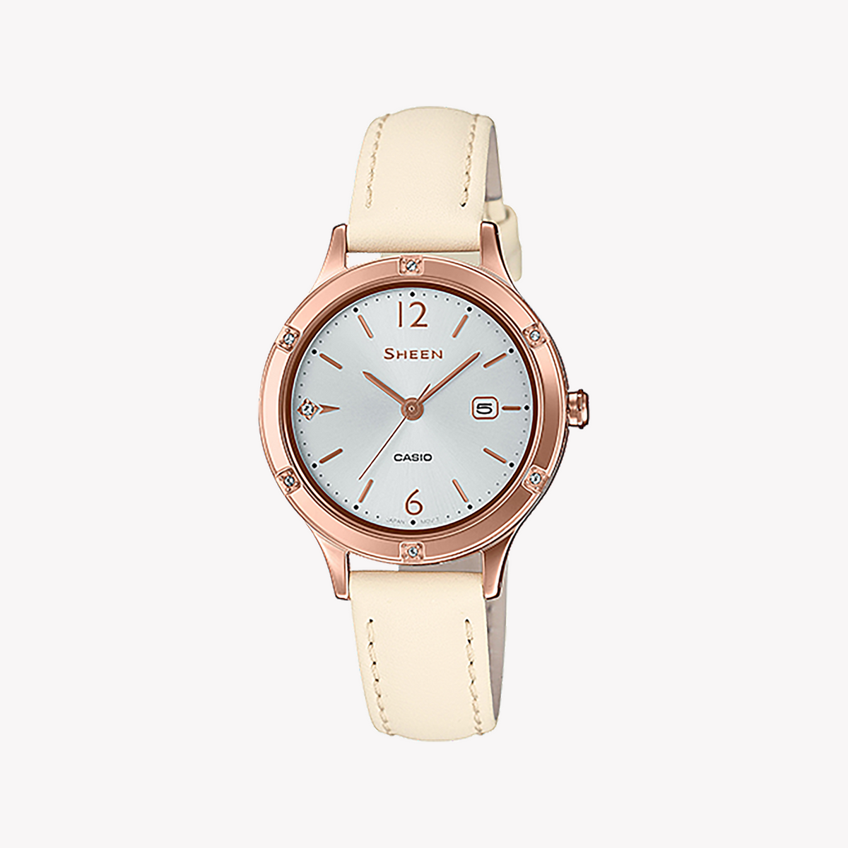 CASIO SHE-4533PGL-7AUDF ELEGANCE - ROSE GOLD BEAUTY WITH SPORTY CHARM Women’s Watch - Chic White Dial & Leather Band