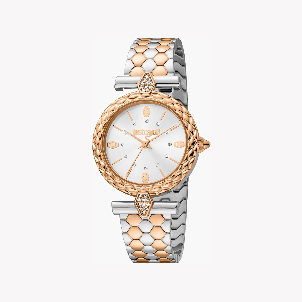 JUST CAVALLI Women's Watch with Silver & Rose Gold Stainless Steel Case and Silver & Rose Gold Stainless Steel Band