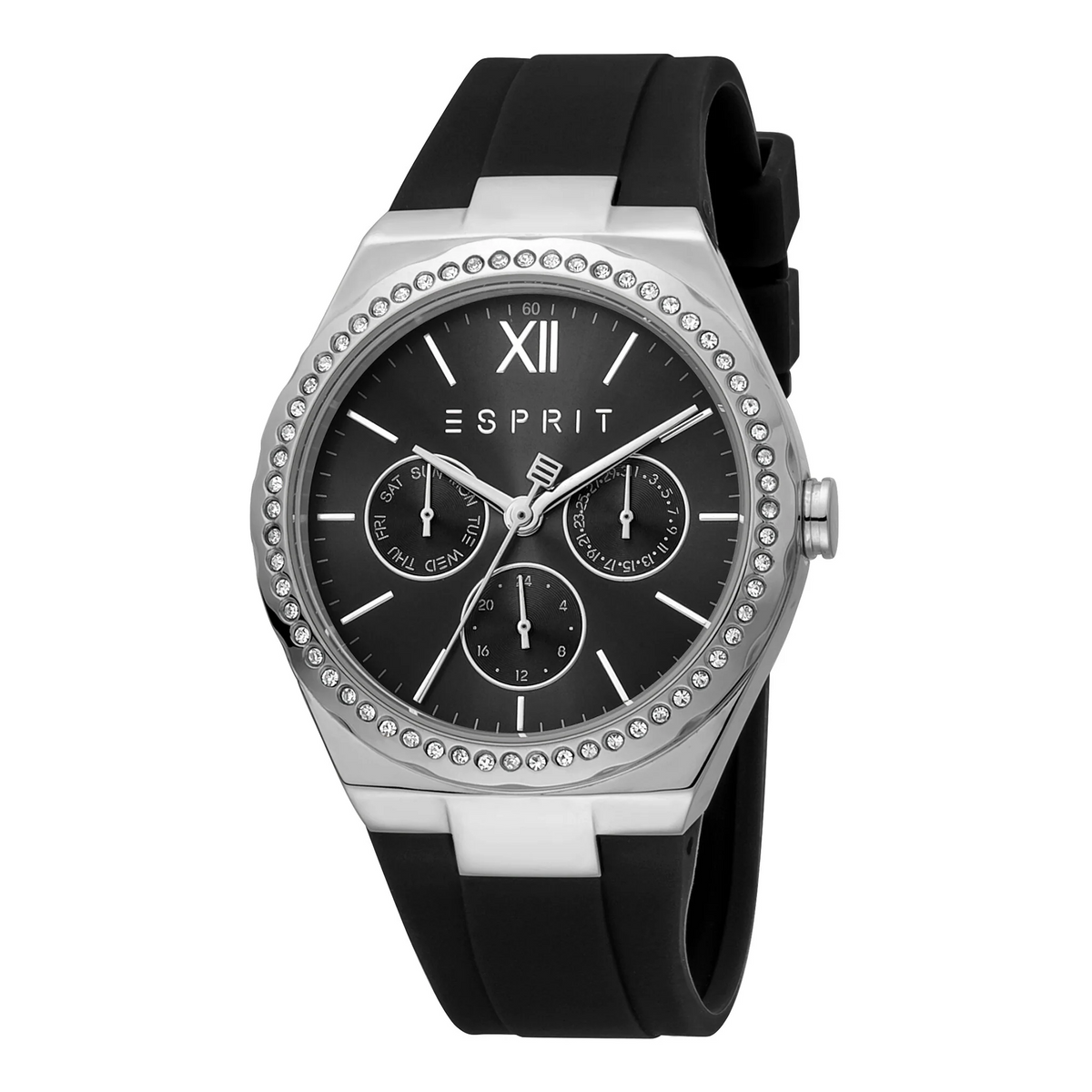 ESPRIT Women's Watch with Silver Stainless Steel Case and Black Rubber Band