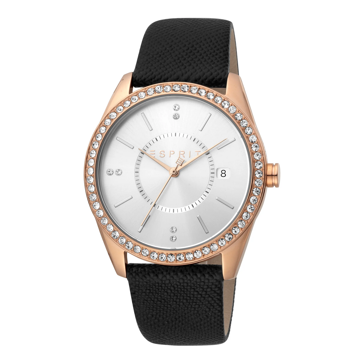 ESPRIT Women's Watch with Rose Gold Stainless Steel Case and Black Leather Band