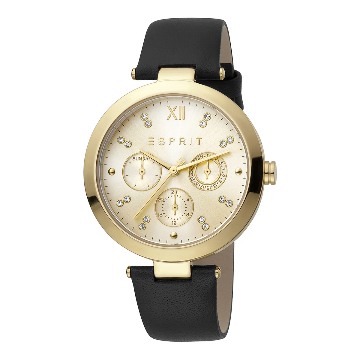 ESPRIT Women's Watch with Gold Stainless Steel Case and Black Leather Band
