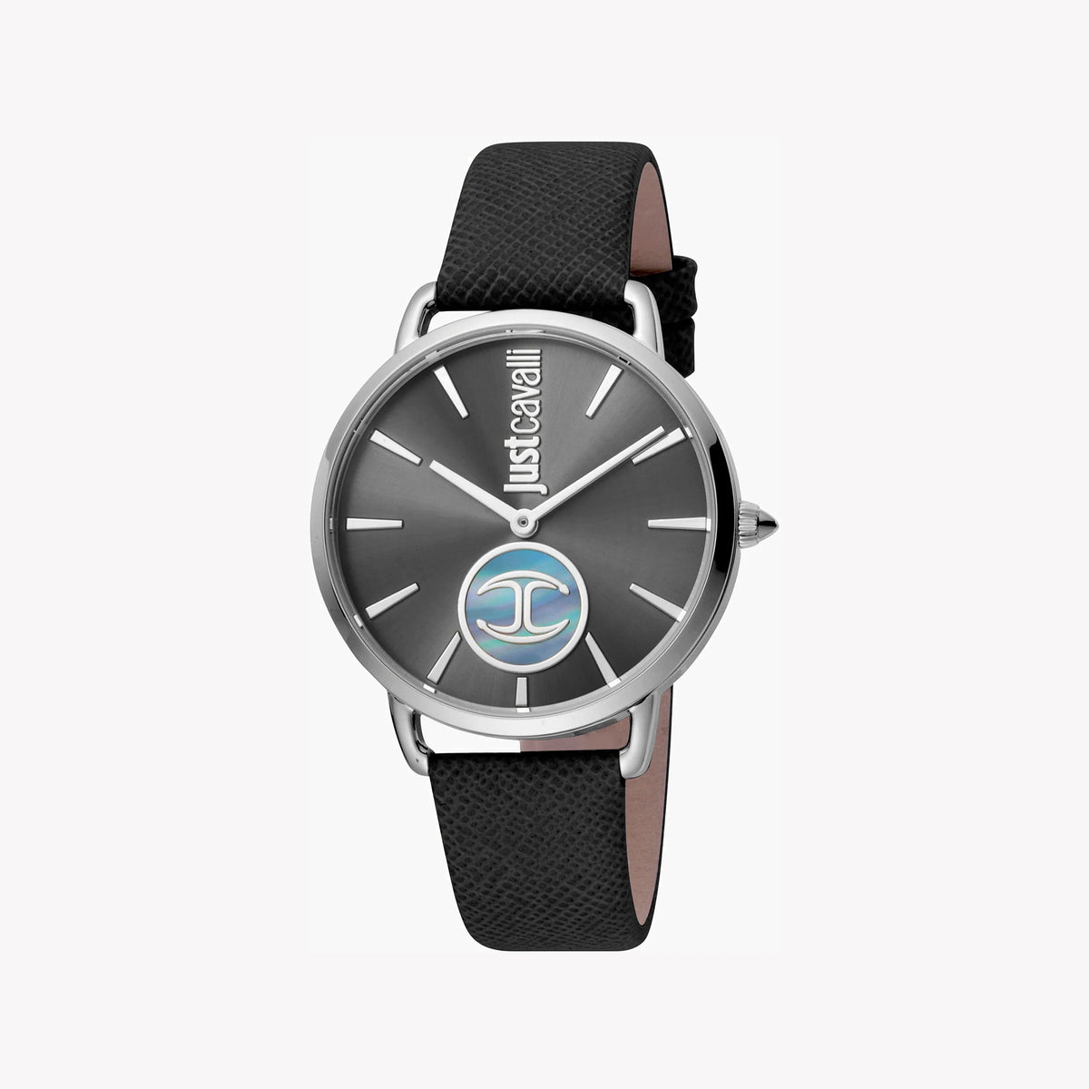 JUST CAVALLI Women's Watch with Silver Stainless Steel Case and Black Leather Band