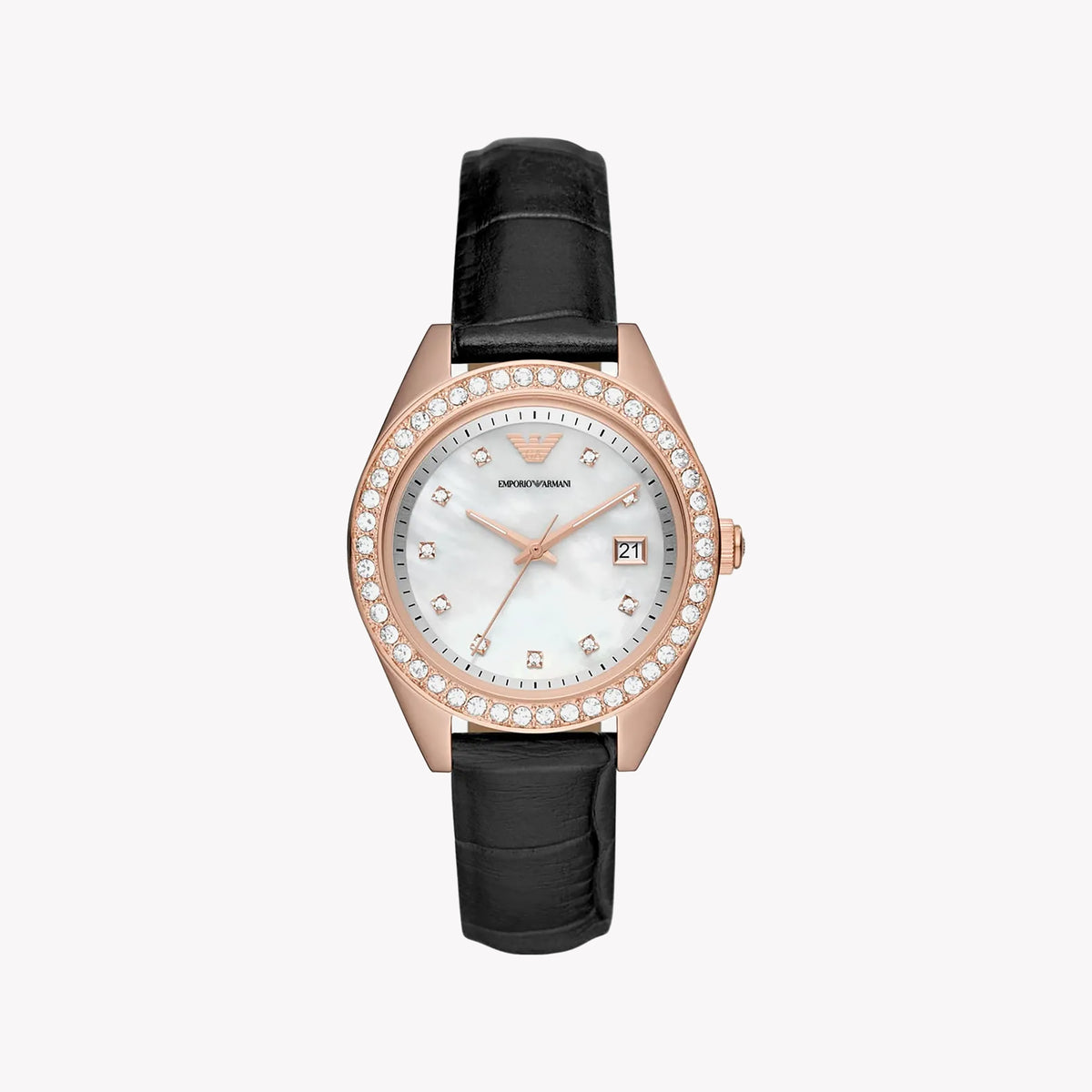 EMPORIO ARMANI AR11505 - ELEGANT ROSE GOLD WOMEN'S WATCH WITH WHITE DIAL & BLACK LEATHER BAND