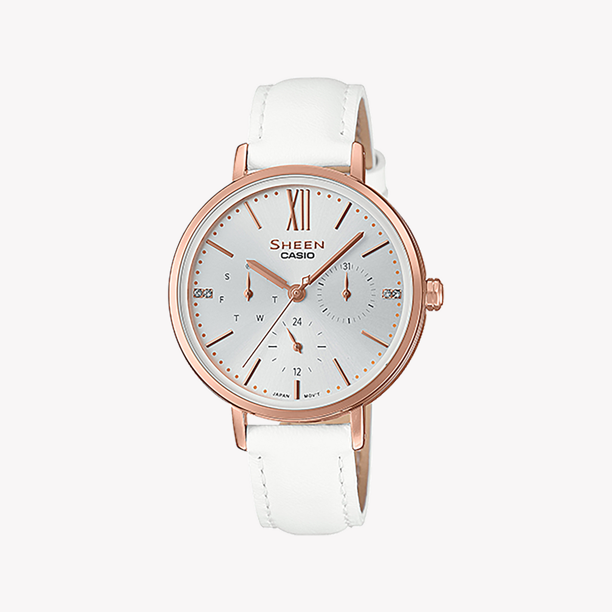 CASIO SHE-3064PGL-7AUDF - SPORTY ELEGANCE WITH ROSE GOLD GLAMOUR Women's Watch with leather band and sparkling Swarovski® detail