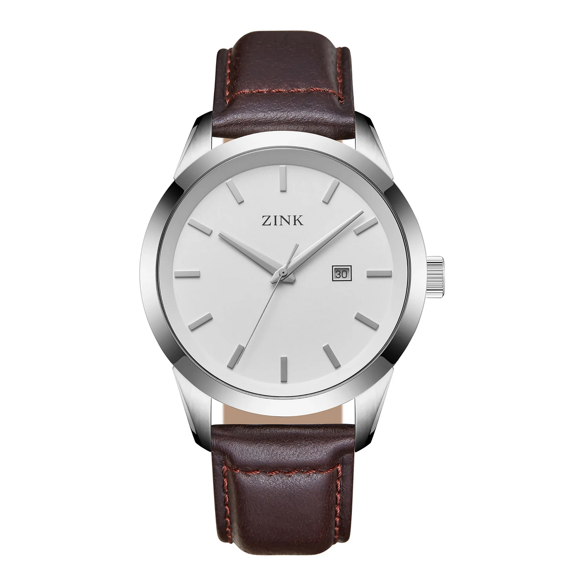 ZINK ZK133G1LS-12 ELEGANT TIMEPIECE - BOLD SILVER DIAL & LUXURIOUS BROWN LEATHER BAND Men's Watch
