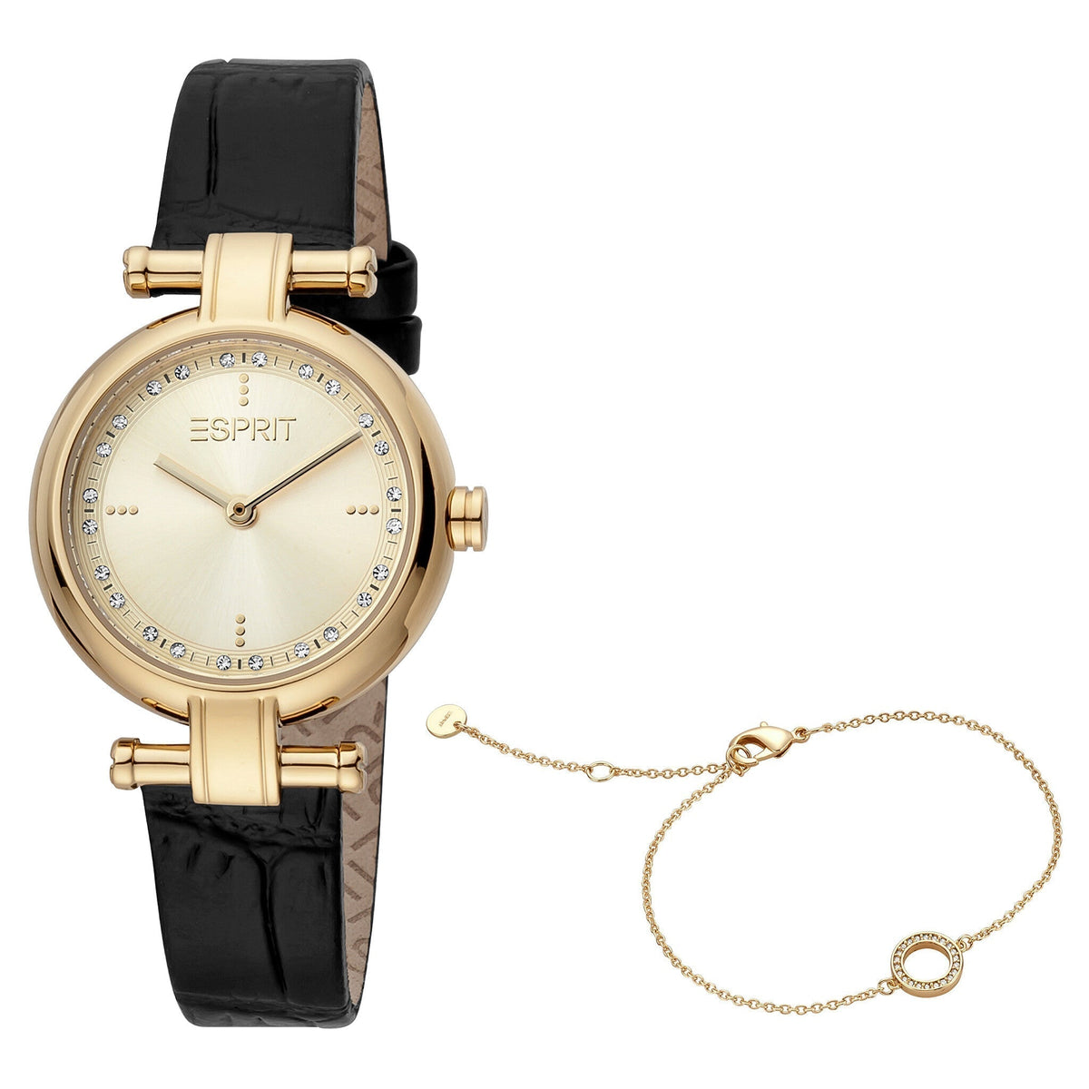 ESPRIT Women's Watch with Gold Stainless Steel Case and Black Leather Band