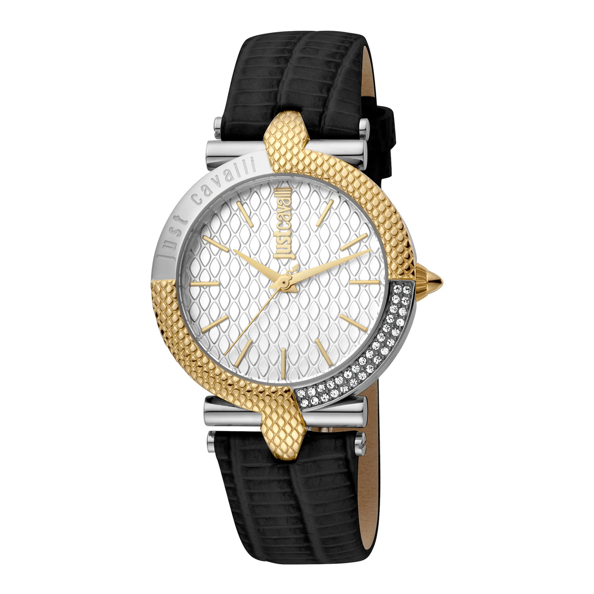 JUST CAVALLI Women's Watch with Silver Stainless Steel Case and Black Leather Band