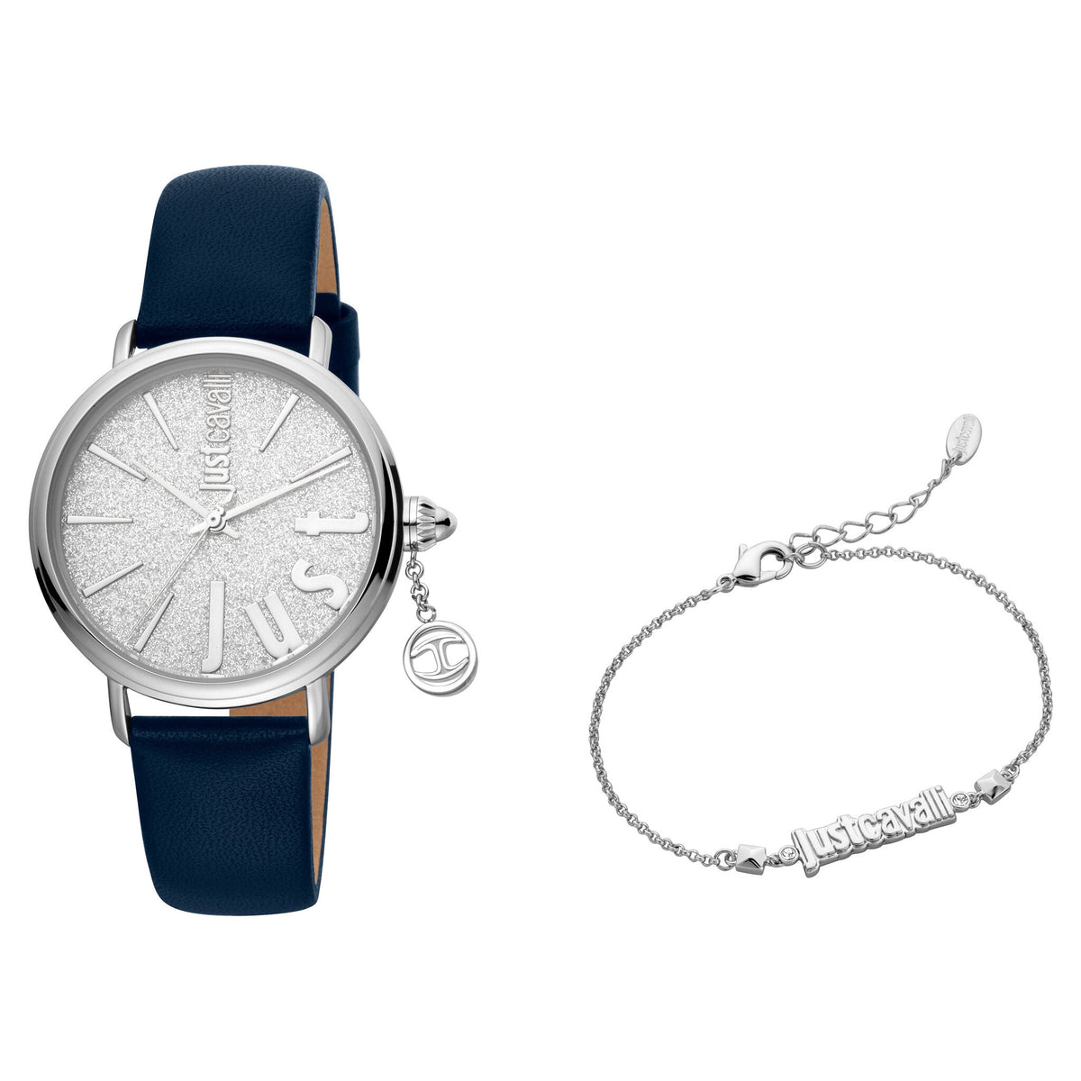 JUST CAVALLI Women's Watch with Silver Metal Case and Blue Leather Band