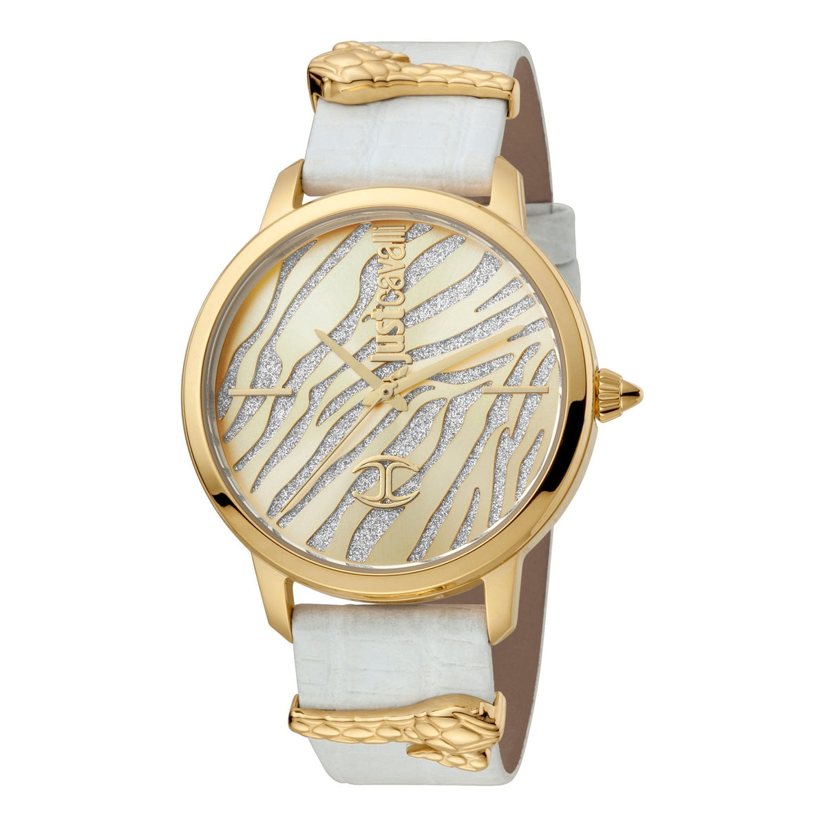 JUST CAVALLI Women's Watch with Gold Stainless Steel Case and White Leather Band