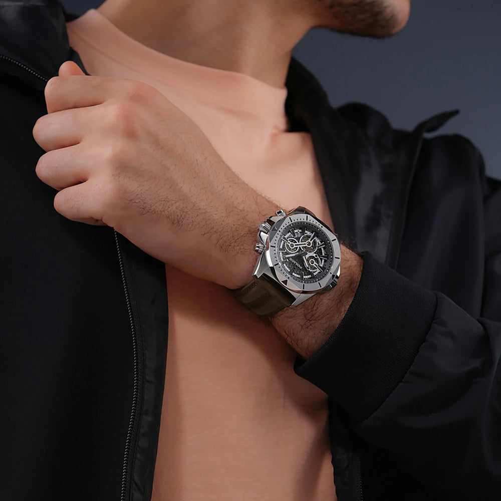 Police Watches Men's Silver Stainless Steel, Brown Silicone | Pewgf0054501 by i-watch