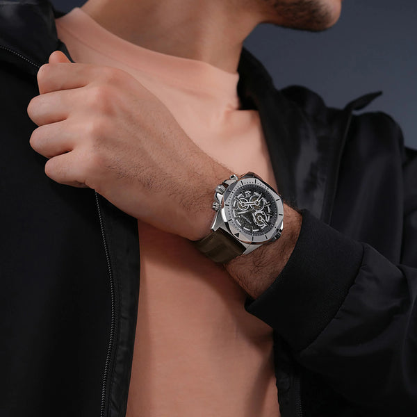 Police Watches Men's Silver Stainless Steel, Brown Silicone | Pewgf0054501 by i-watch