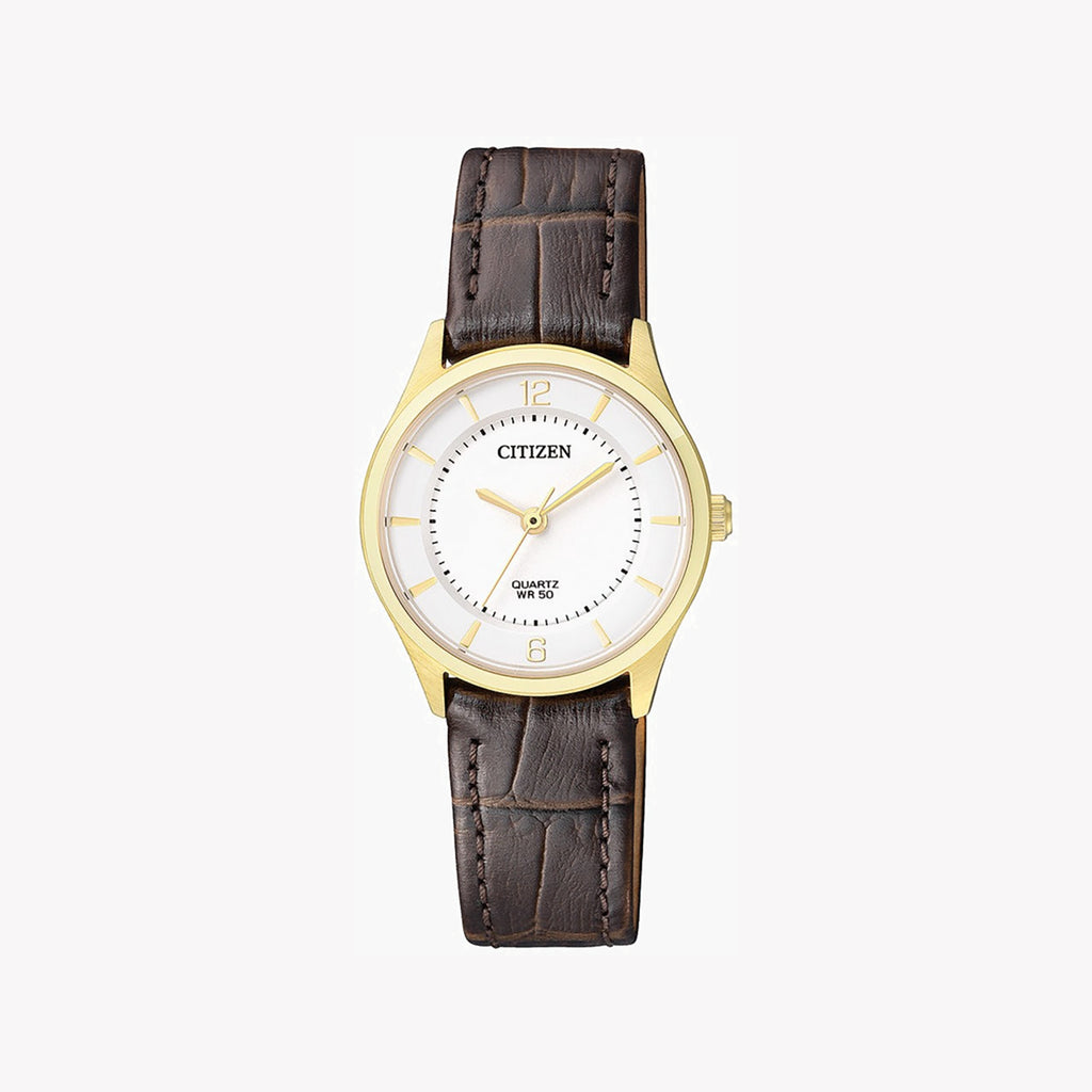 CITIZEN ER0203-00B - ELEGANT GOLD & WHITE DIAL WOMEN'S WATCH WITH LUXURIOUS LEATHER BAND