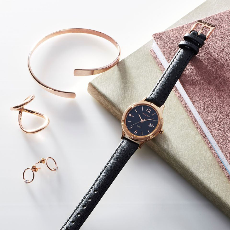 CASIO SHE-4533PGL-1AUDF ROSE GOLD SPORTY ELEGANCE - WOMEN'S TIMEPIECE WITH BLACK LEATHER BAND-i-Watch-2