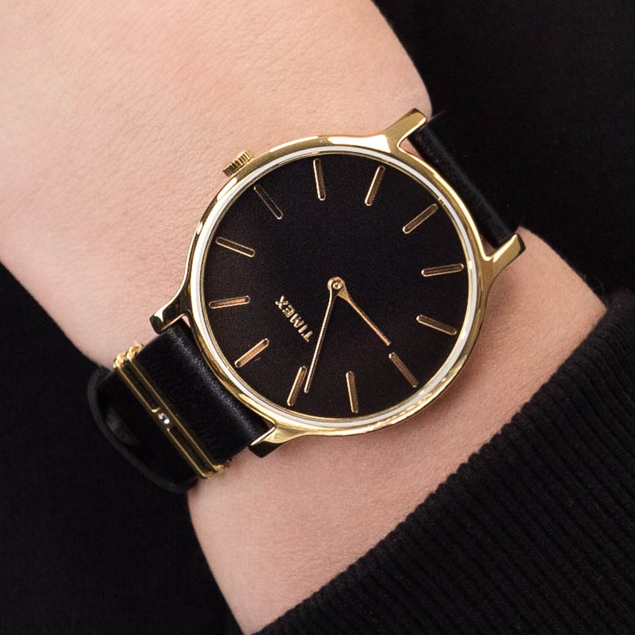 Timex Women's Black Leather Watch, Black Dial | TW2T45300