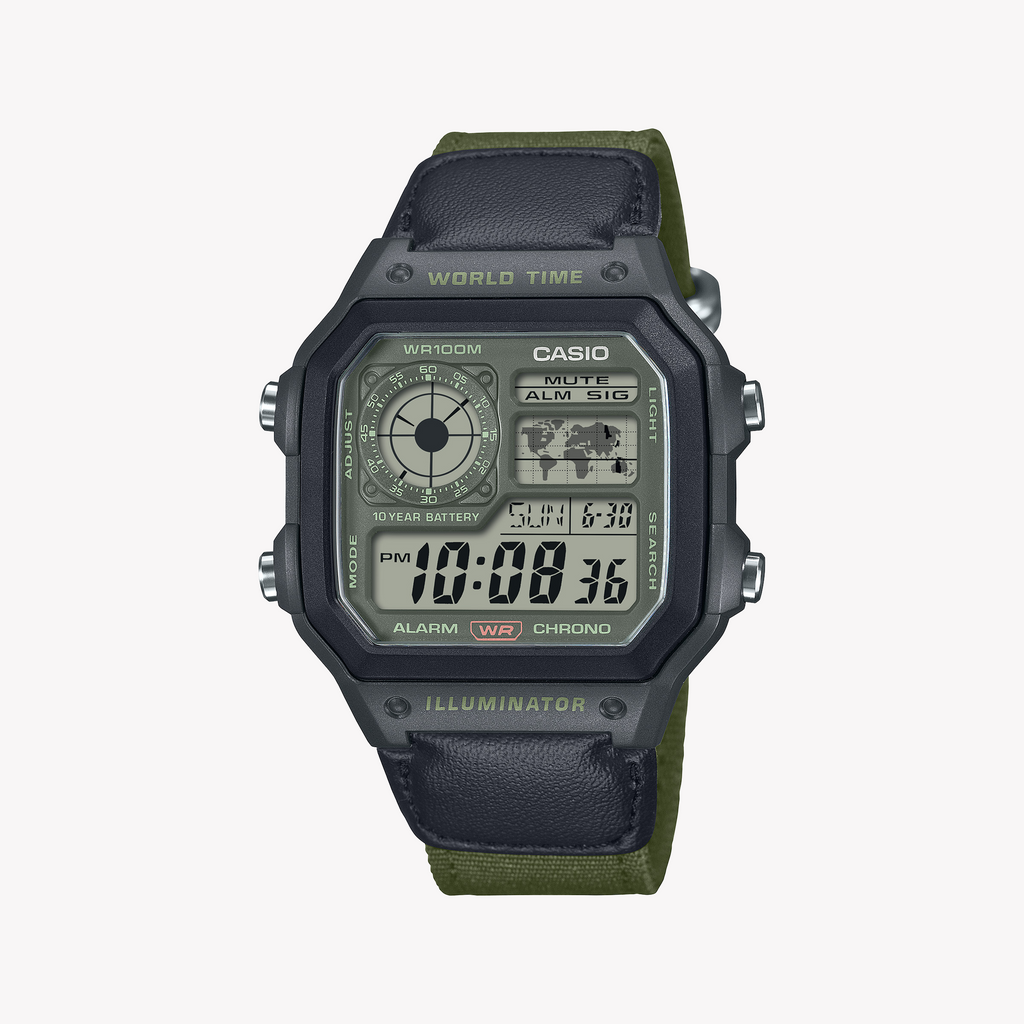CASIO AE-1200WHUB-3AVEF BOLD TIMEKEEPER - MODERN MEN'S DIGITAL WATCH WITH GREEN LEATHER BAND