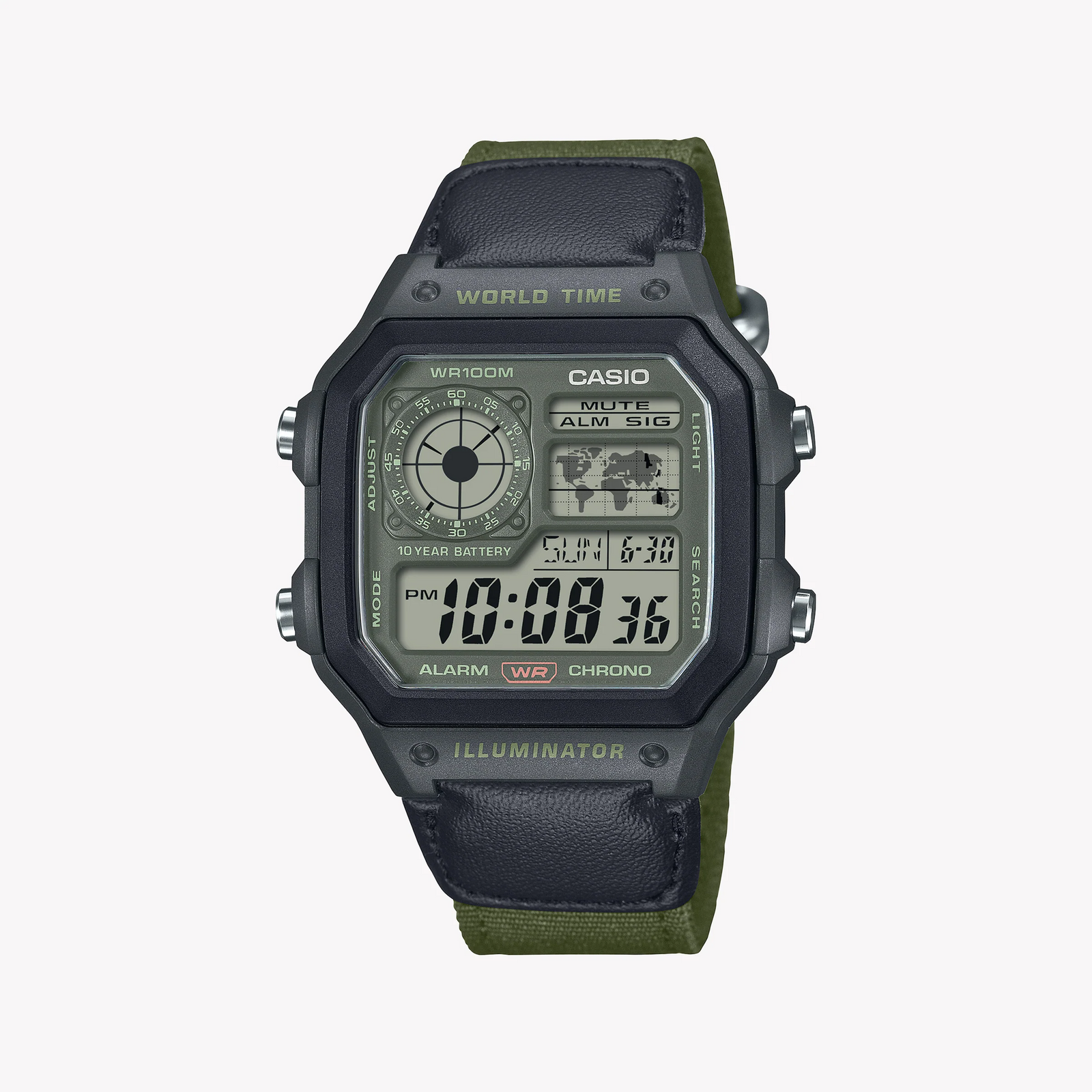 Casio Men's Black Synthetic Watch, Green Leather | Ae-1200whub-3avef by i-watch