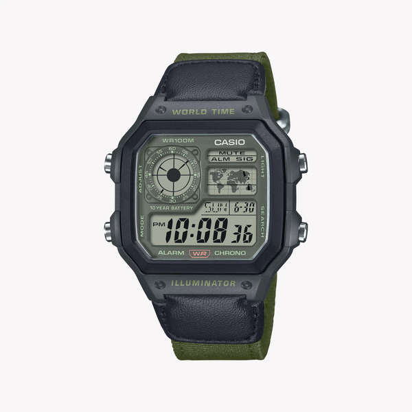 Casio Men's Black Synthetic Watch, Green Leather | Ae-1200whub-3avef by i-watch