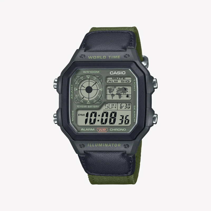 Casio Men's Black Synthetic Watch, Green Leather | Ae-1200whub-3avef by i-watch