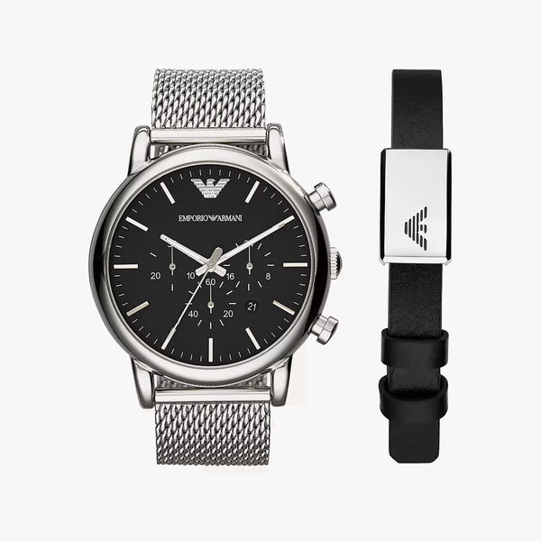 Emporio Armani Men's Silver Watch, Black Dial | Ar80062set by i-watch