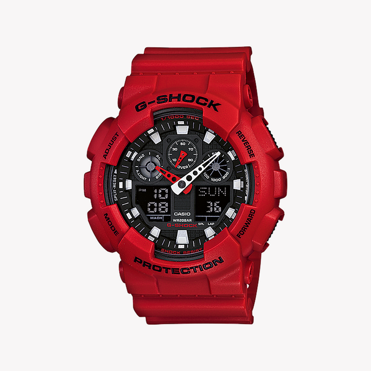 CASIO G-SHOCK GA-100B-4ADR - BOLD ADVENTURER SERIES Men's Watch with vibrant red resin band and sleek black dial