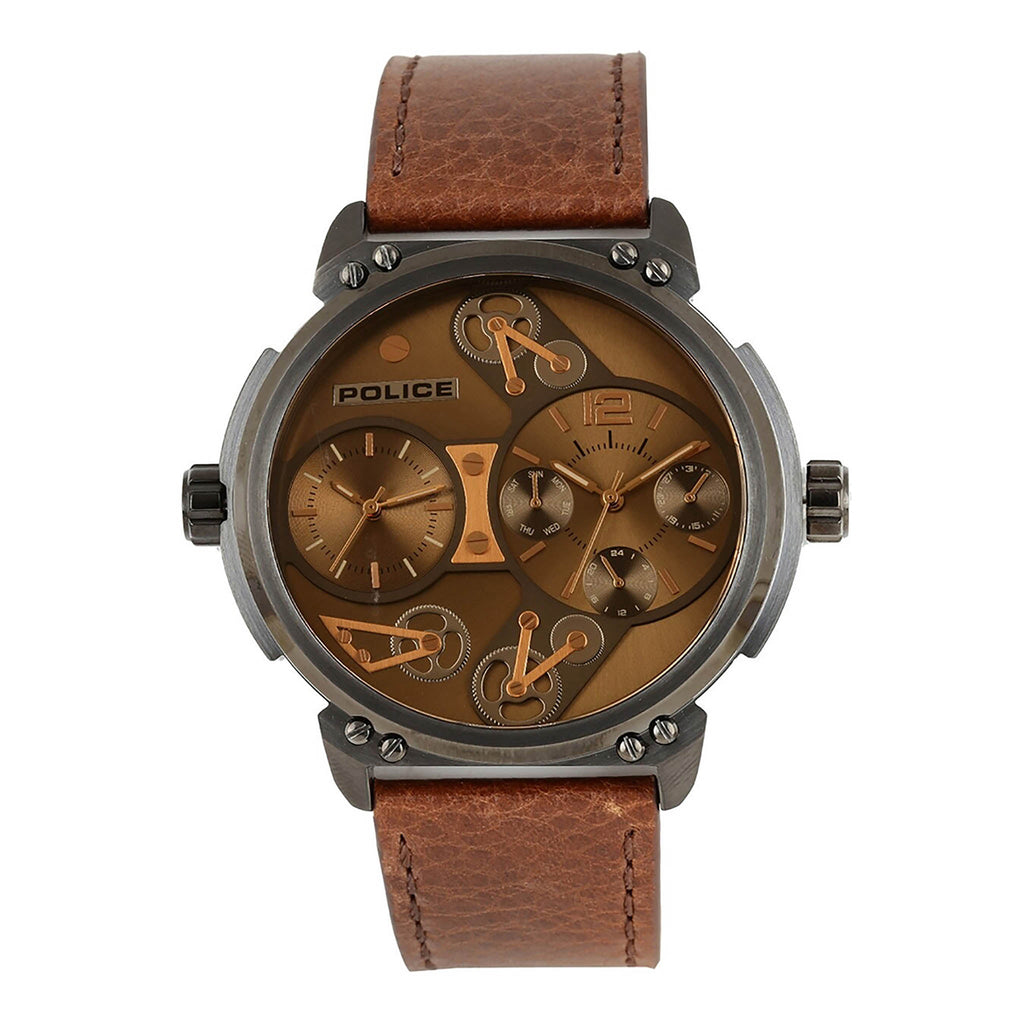 POLICE MEN'S TIMEPIECE - BOLD BROWN LEATHER & STAINLESS STEEL DESIGN