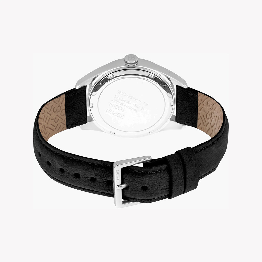 ESPRIT MEN'S STYLISH TIMEPIECE - BLACK LEATHER BAND & SILVER DIAL ELEGANCE-i-Watch-3