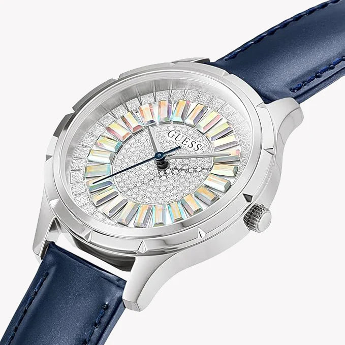 Guess Women's Silver & Blue Leather Watch, White Dial | Gw0299l1 by i-watch