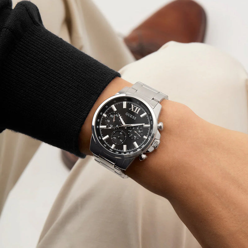 Guess Men's Silver Stainless Steel Watch, Black Dial | Gw0900g1 by i-watch
