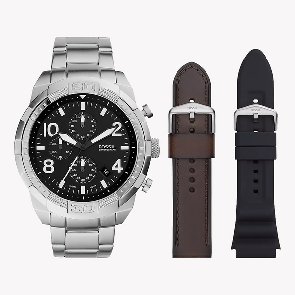 Fossil Men's Silver Stainless Steel Watch, Black Dial | Fs5968set by i-watch
