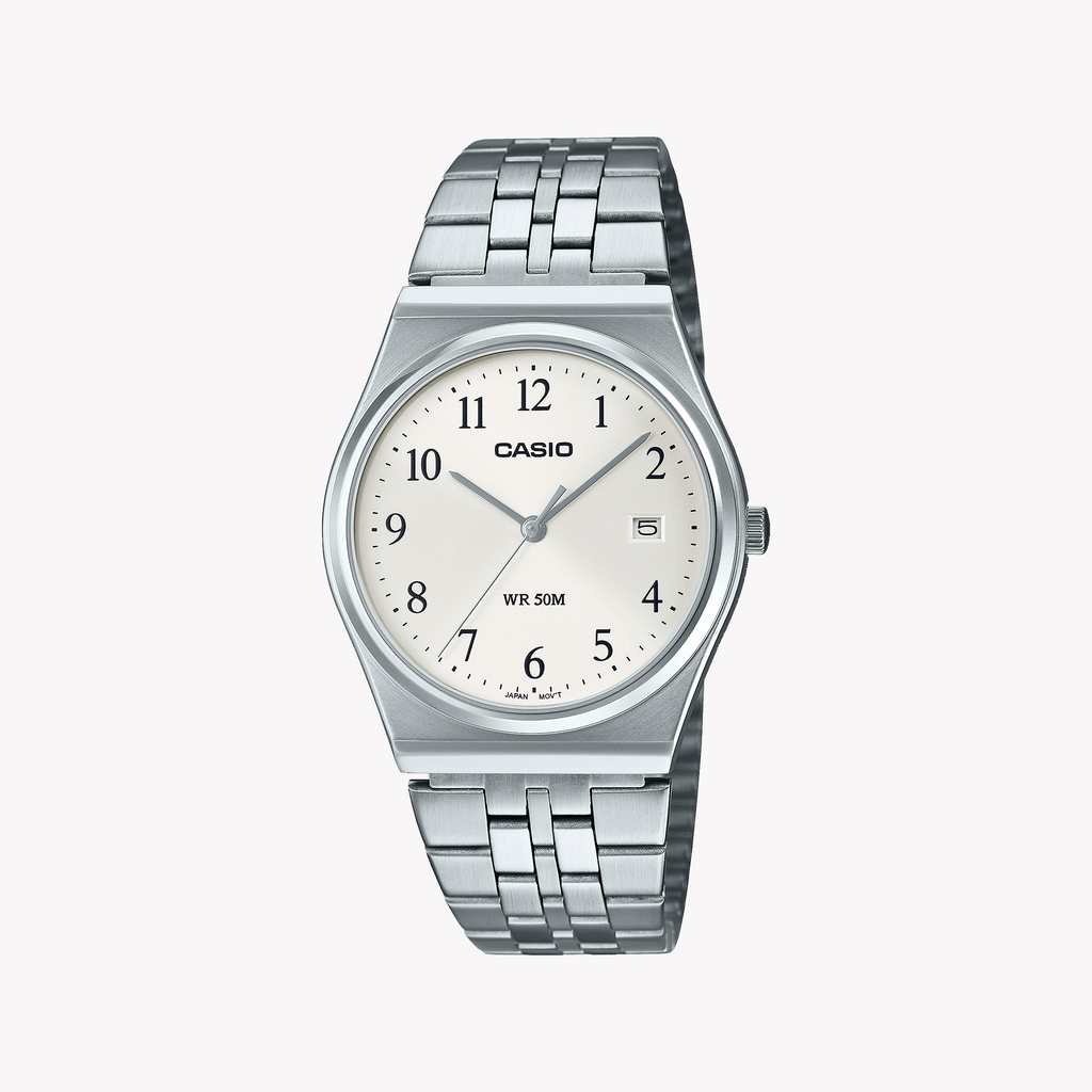 CASIO MTP-B145D-7BVDF - SPORTY Elegance Unisex Watch with Sleek Silver Stainless Steel Band and Minimalist White Dial