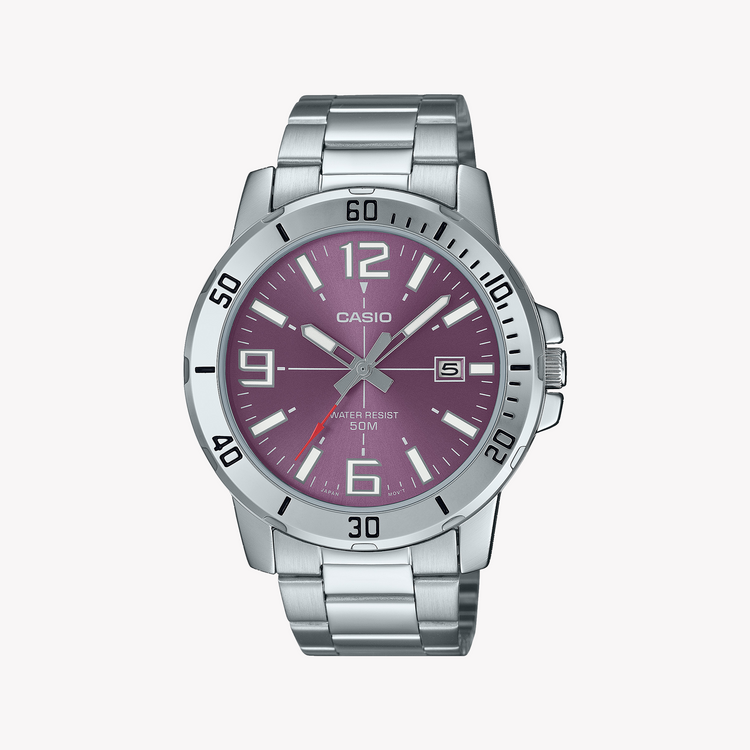 CASIO MTP-VD01D-6BVUDF ELEGANCE IN MOTION - STYLISH MEN'S WATCH WITH PINK DIAL & STAINLESS STEEL BRACELET