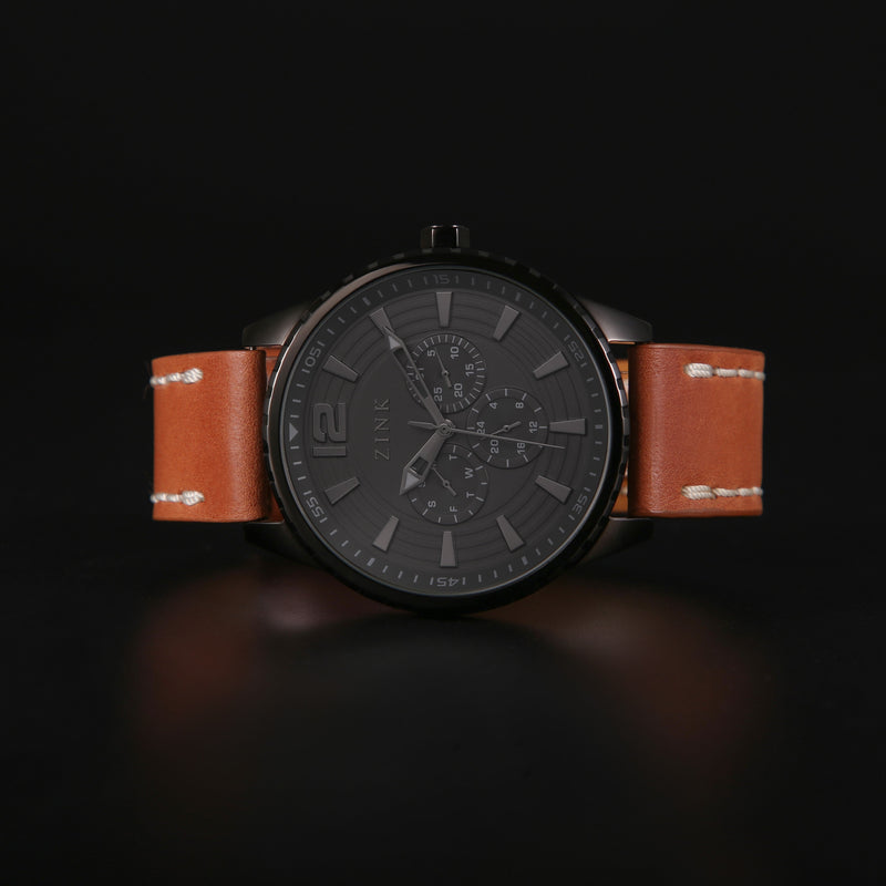 Zink Men's Black Stainless Steel & Brown Leather Watch | Zk131g2ls-92 by i-watch