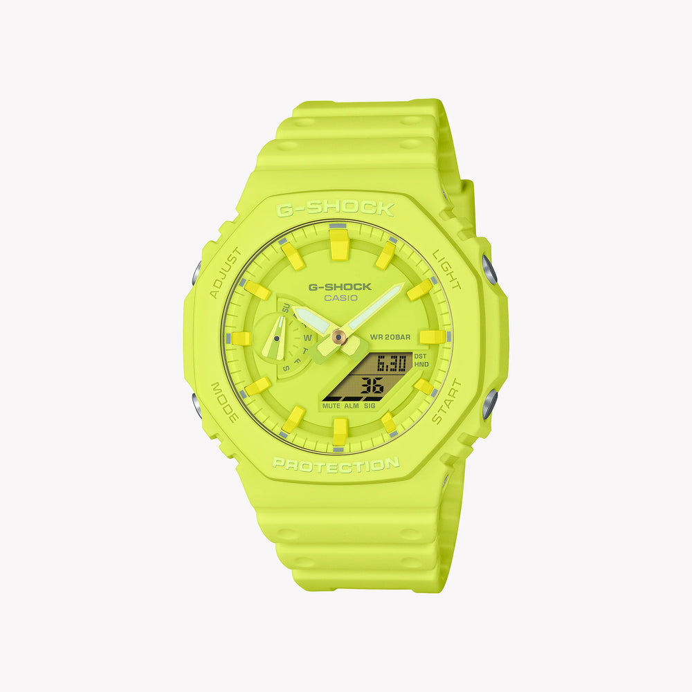 CASIO G-SHOCK GA-2100-9A9ER OAK - BOLD YELLOW ADVENTURER Unisex Watch with shock-resistant design and vibrant yellow dial.