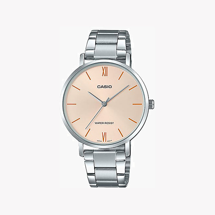 Casio Women's Silver Stainless Steel, Rose Dial | LTP-VT01D-4B