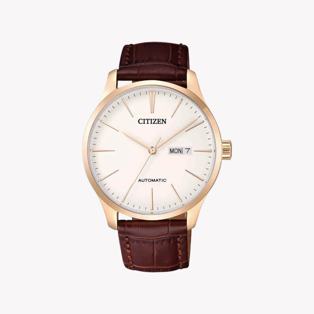 CITIZEN NH8353-18A TIMEPIECE - ELEGANT ROSE GOLD MEN'S WATCH WITH LEATHER BAND & DAY/DATE DISPLAY