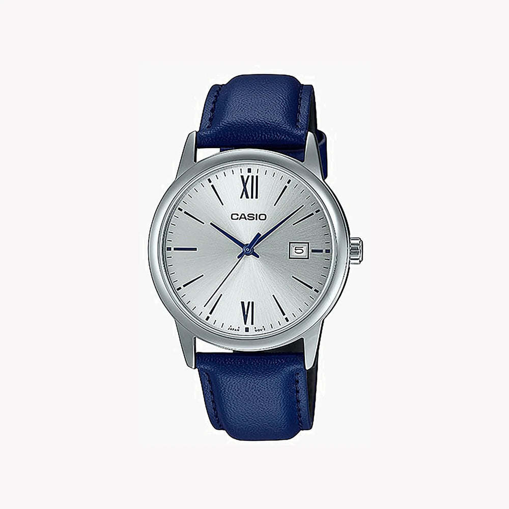 CASIO MTP-V002L-2B3UDF - ELEGANT SILVER TIMEPIECE WITH BLUE LEATHER BAND & DATE WINDOW