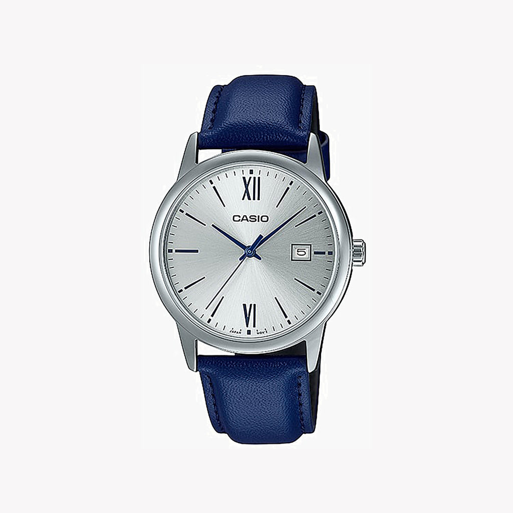 CASIO MTP-V002L-2B3UDF - ELEGANT SILVER TIMEPIECE WITH BLUE LEATHER BAND & DATE WINDOW