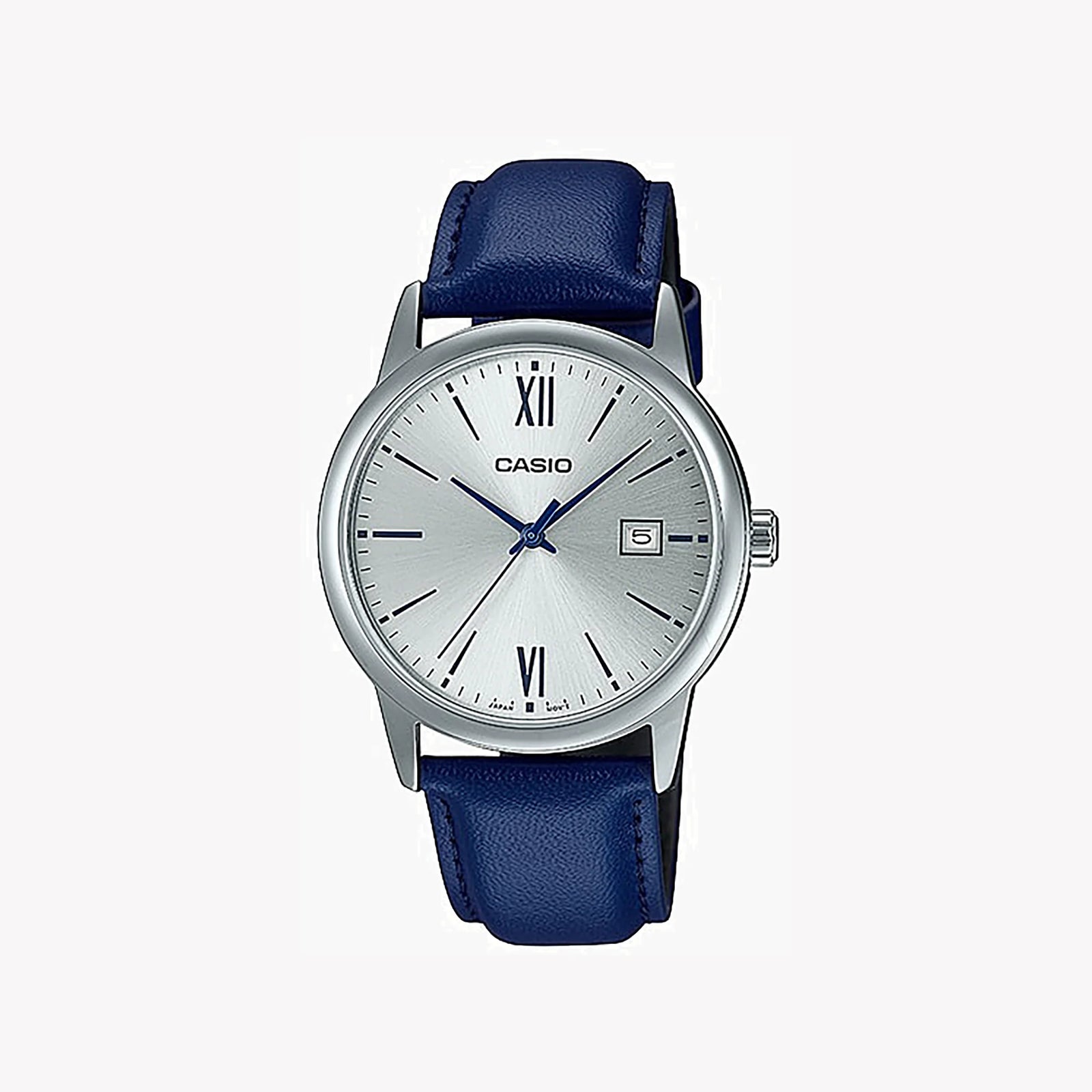 CASIO MTP-V002L-2B3UDF - ELEGANT SILVER TIMEPIECE WITH BLUE LEATHER BAND & DATE WINDOW