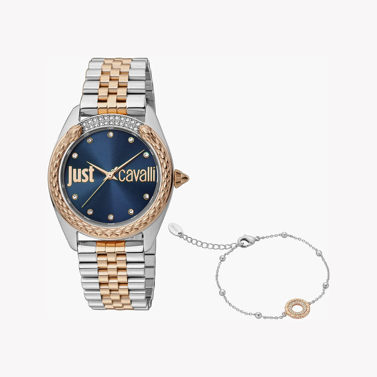 Just Cavalli Women's Silver & Rose Gold Watch, Blue Dial | JC1L195M0125