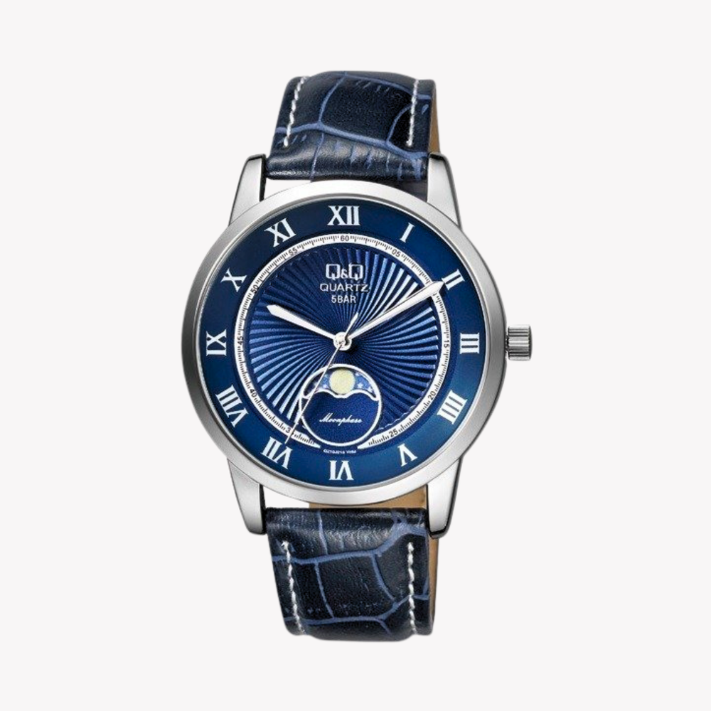 Q&Q Men's Silver Watch, Blue Dial with Moon Phase | QZ10J318Y
