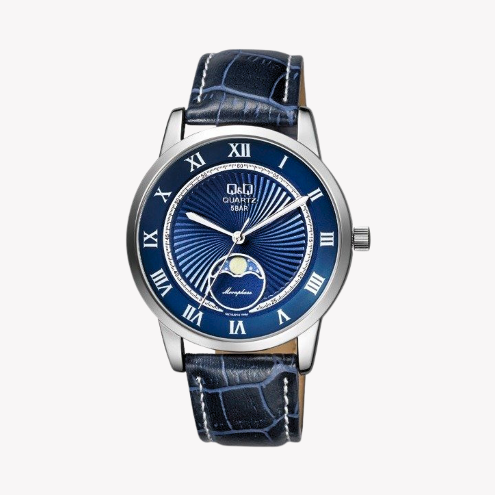 Q&Q Men's Silver Watch, Blue Dial with Moon Phase | QZ10J318Y