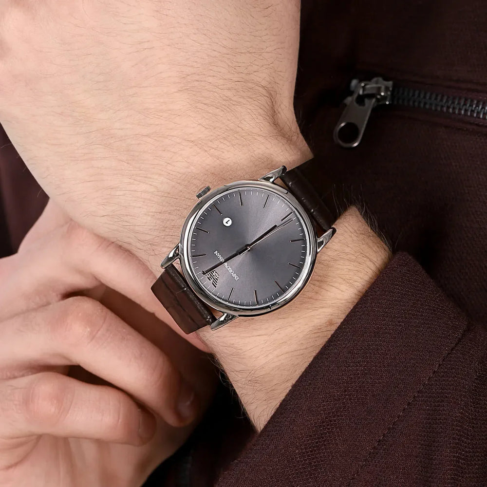 Emporio Armani Men's Silver Stainless Steel, Brown Leather | Ar1996 by i-watch