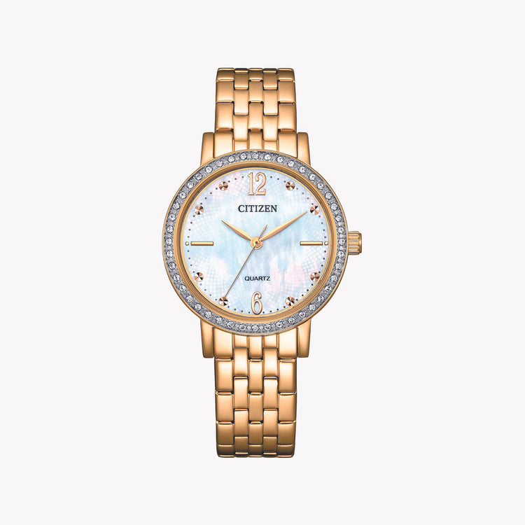 CITIZEN EL3103-57D RADIANT CHARM - GOLDEN ELEGANCE WITH PEARL DIAL & SPARKLING CRYSTALS Women's Watch