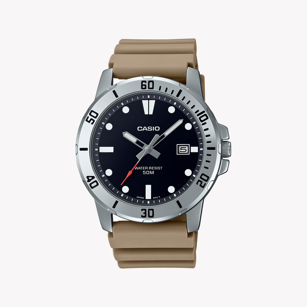 CASIO MTP-VD01-5EVUDF SLEEK SPORTY ELEGANCE - MEN'S WATCH WITH BLACK DIAL AND BEIGE RESIN BAND