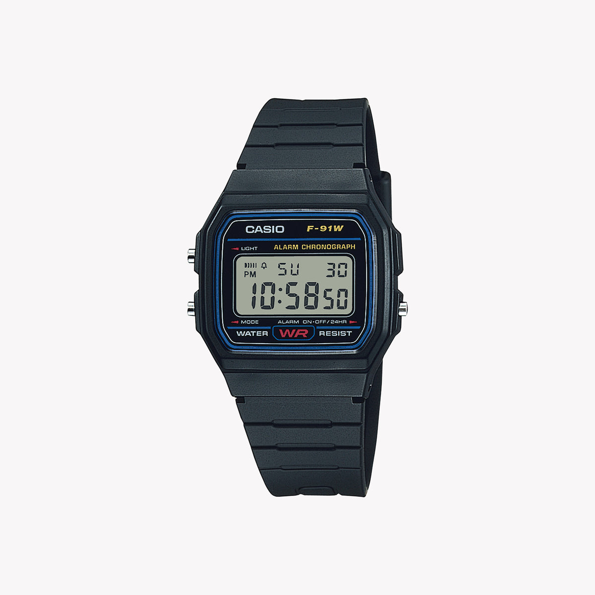 CASIO F-91W-1 SPORTY VERSATILITY - FUNCTIONAL FLAIR FOR ACTIVE LIFESTYLES Unisex Digital Watch with black resin band and LED display.