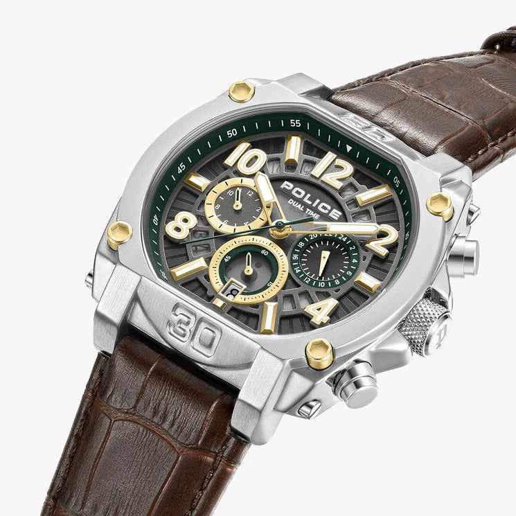 Police Men's Silver Stainless Steel, Brown Leather | Pewjf0021902 by i-watch